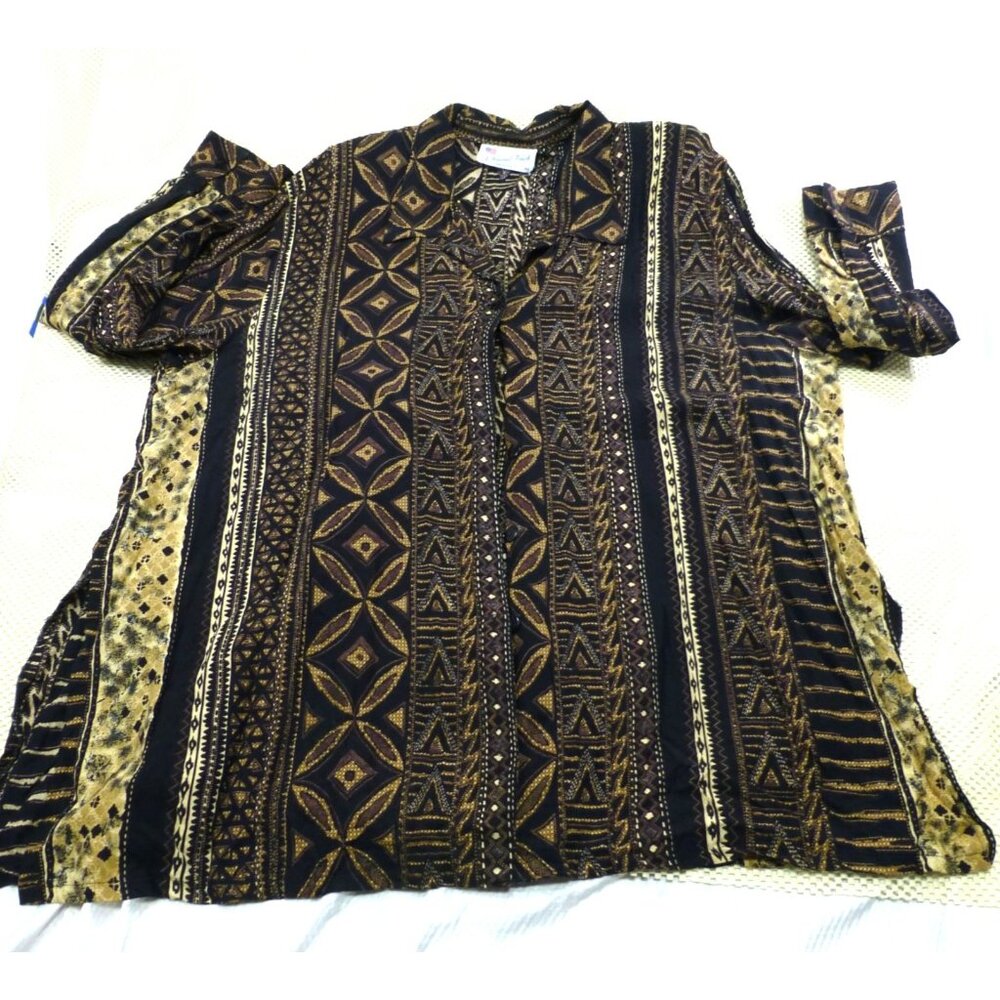 VTG A Personal Touch Womens 4X Button-Up Shirt Black/Gold Tribal Pattern 100% Ra